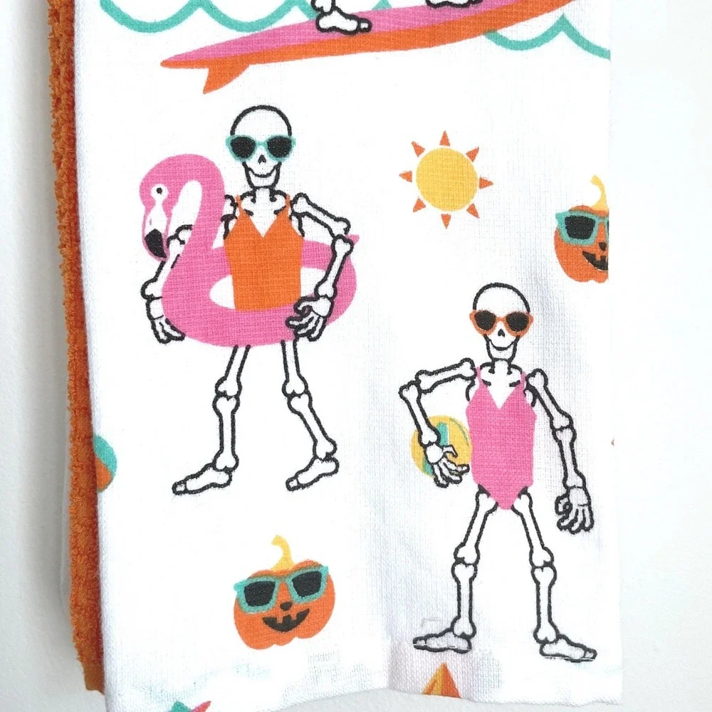 Summerween Skeleton Beach Surfing Kitchen Towel Halloween Spooky Summer NEW